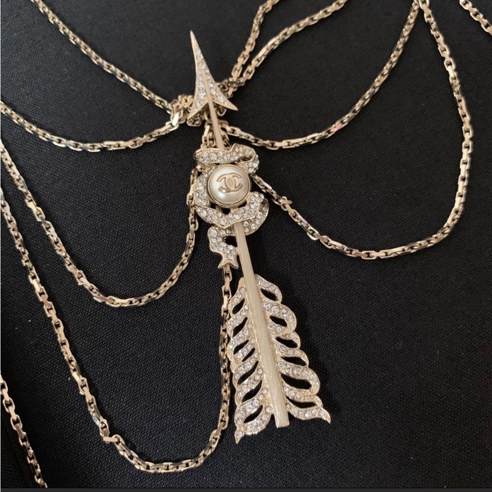 CHANEL Crystal Pearl Multi Strand Chain CC Arrow Necklace Gold - Picture 10 of 16